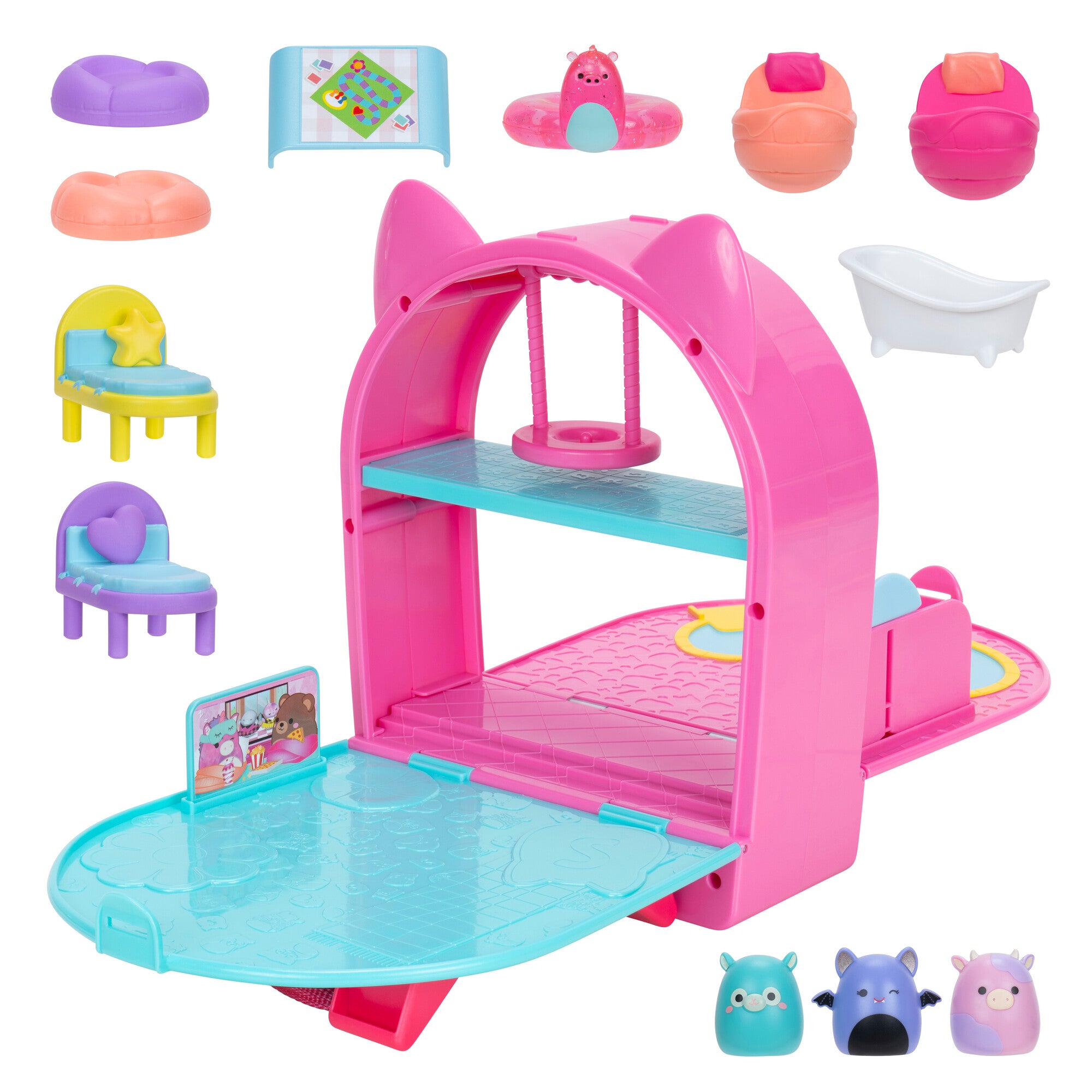 Squish-a-longs Party Pack Playset - 3 Mini Squishmallows With 9 Furnishings & Backpack