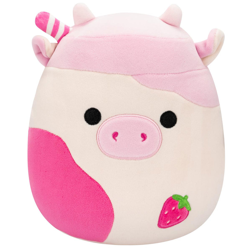 A pink strawberry cow stuffed animal
