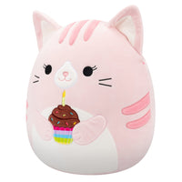 14-Inch Laura the Pink Tabby Cat Holding Birthday Cupcake - 1