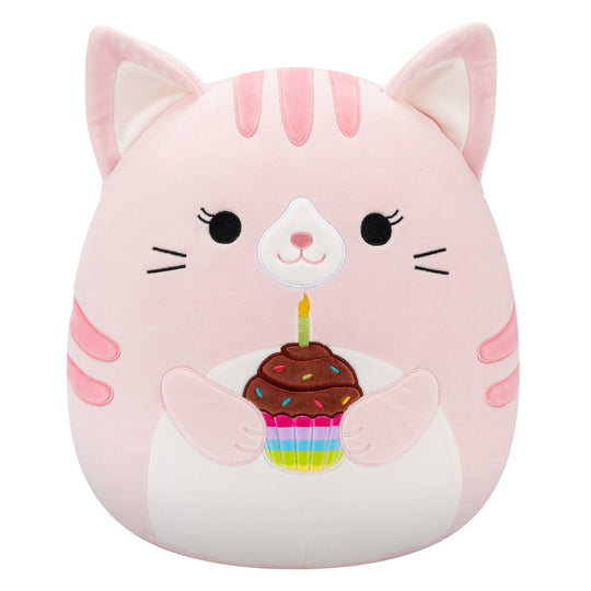 14-Inch Laura the Pink Tabby Cat Holding Birthday Cupcake