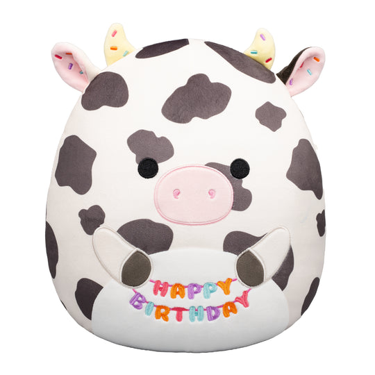 12-Inch Colin the Black and White Cow Holding Birthday Sign