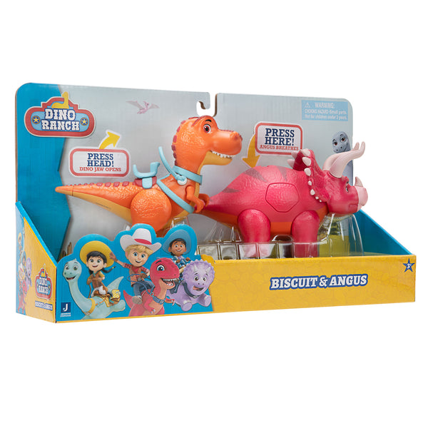 Dino Ranch Deluxe Dino 2-Pack - Features Biscuit, a 5-Inch Toy T-Rex, and  Angus, a 4-Inch Toy Triceratops - for Kids Featuring Your Favorite